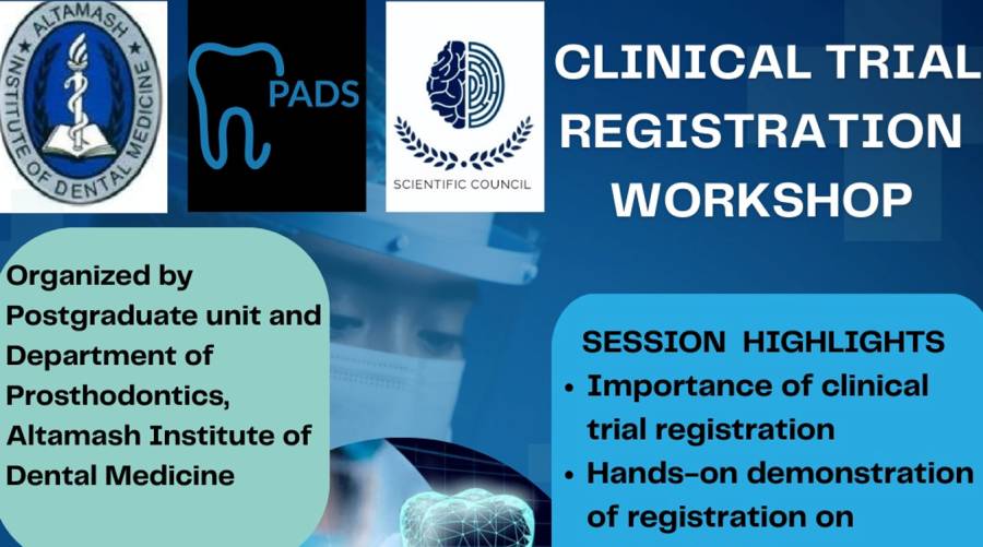 Clinical trial registration webinar poster featuring AIDM and PADS collaboration with expert speakers, session details, and training on ClinicalTrials.gov