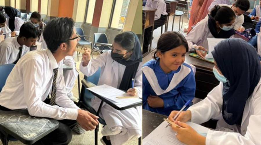 SOD-SZABMU community dentistry team performing oral health check-ups for students in Islamabad schools
