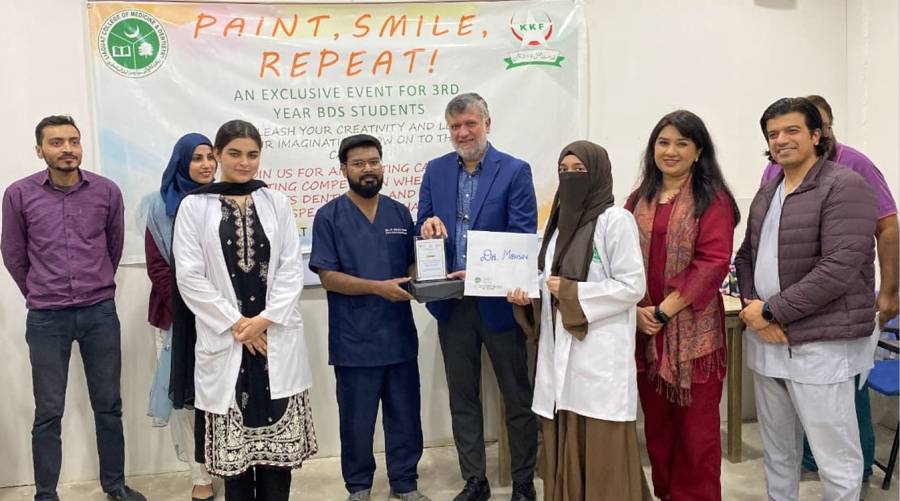 Students from LCMD present their dental-themed artwork during the canvas painting competition 2025.