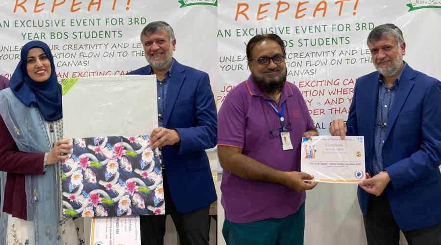 Students from LCMD present their dental-themed artwork during the canvas painting competition 2025.