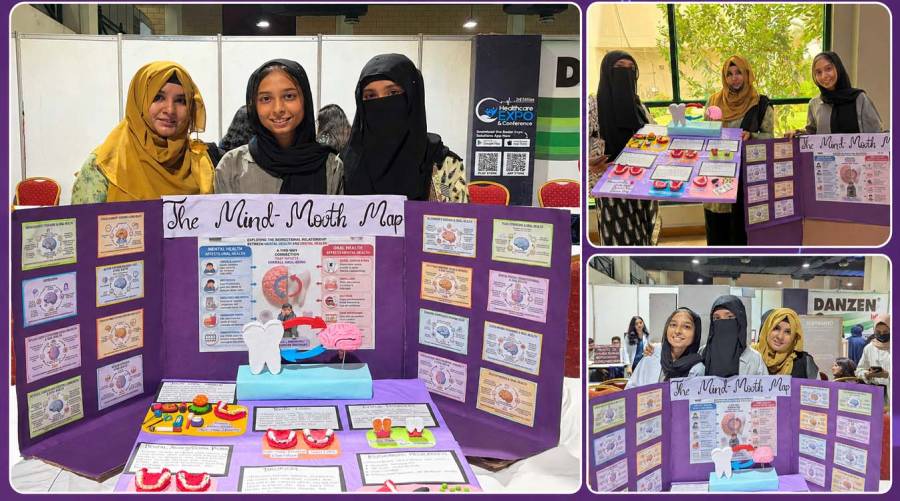 KMDC third-year BDS students presenting their table clinic on the relationship between mental health and oral health at Dentalnnovate 2026.
