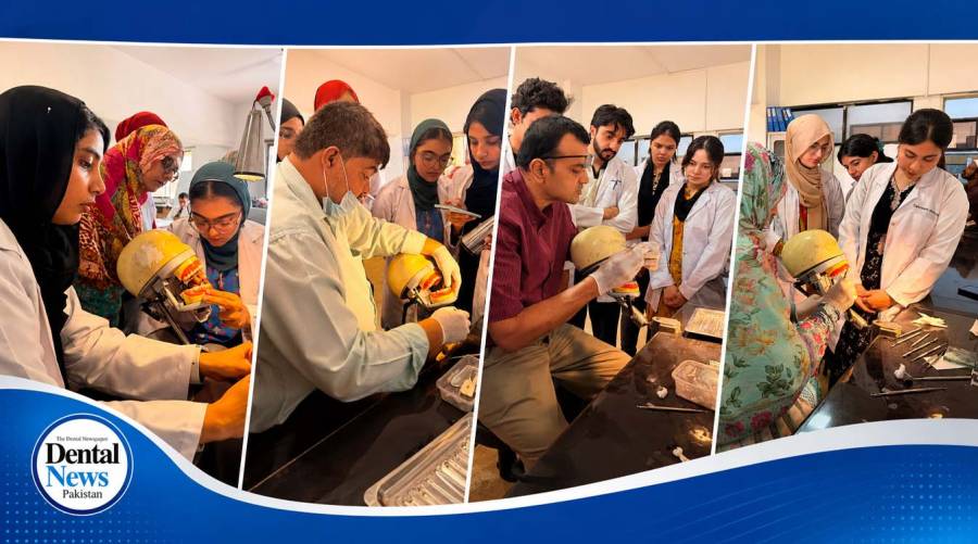 Baqai Dental College BDS students practise Atraumatic Restorative Treatment on phantom-head models during a Community Dentistry workshop.