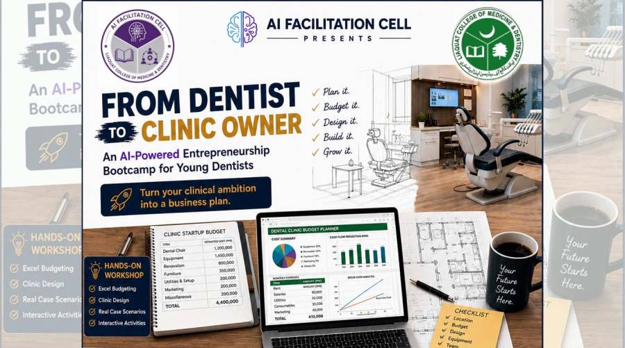 LCMD AI Facilitation Cell poster announcing the August 24 From Dentist to Clinic Owner entrepreneurship bootcamp for young dentists