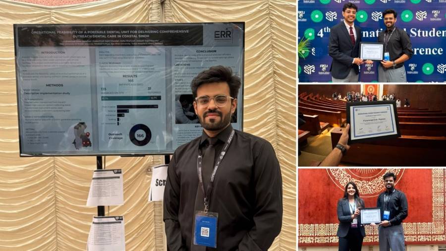 Dow Dental College student Omer Abdullah wins AKU award for portable dentistry research in coastal Sindh.