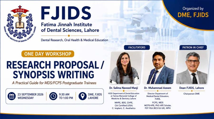 FJIDS Lahore research proposal and synopsis writing workshop for FCPS, MDS and M.Phil postgraduate residents on September 23, 2026