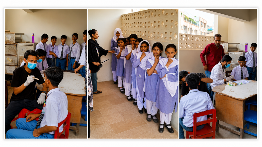 Students receive free dental checkups during an Alkhidmat oral health awareness visit at Zamzama Grammar School, Clifton.
