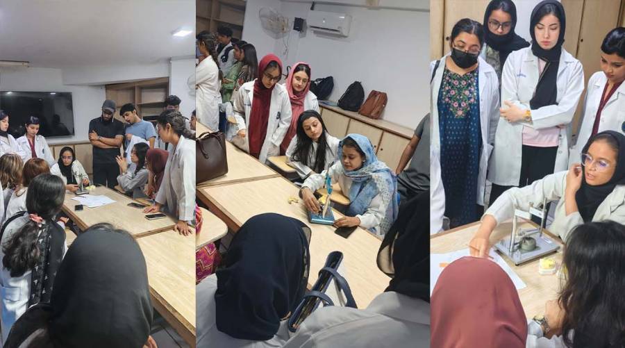 Final-year BDS students at Altamash Institute of Dental Medicine receive hands-on dental surveying training for removable partial denture design.