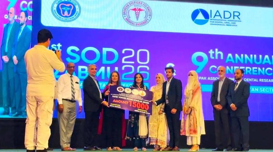 UCMD researchers Dr. Immad Ahmad Munir and Zainab Fatima recognized at the SOD–SZABMU and PADR dental conference in Islamabad