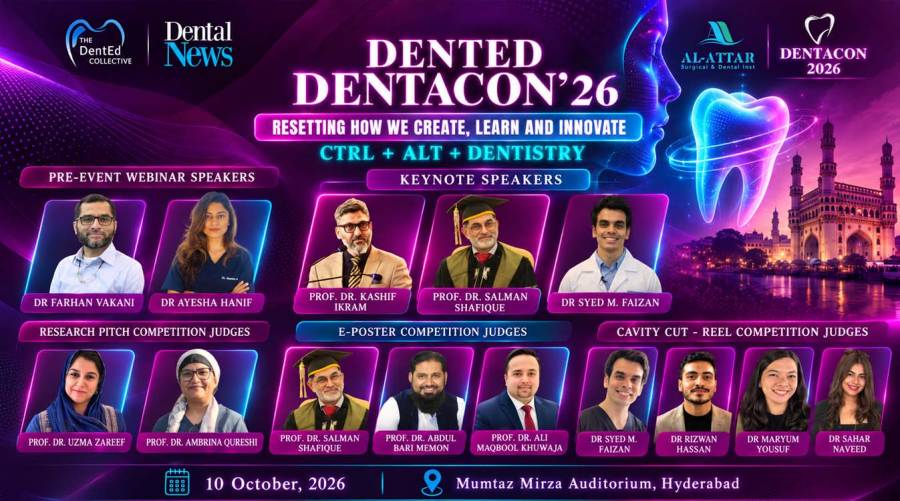 DentaCon 2026 speakers and competition judges for the October 10 dental education event at Mumtaz Mirza Auditorium in Hyderabad.