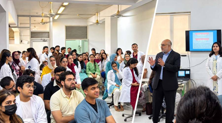 Final-year BDS students practising orthodontic bracket positioning on phantom heads during a hands-on workshop at Altamash Hospital Clifton