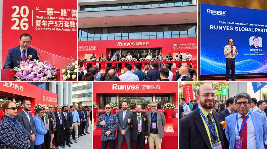 Collage of the Runyes Global Partners Summit 2026 in Ningbo, China, showing President Bright Xu speaking, the new factory inauguration ceremony, and international delegates including the Pakistani delegation.