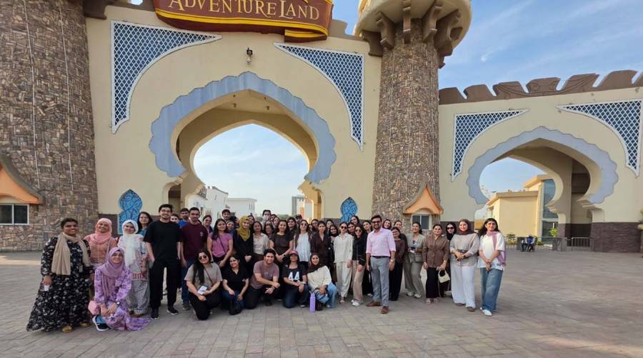 Second-year BDS students and faculty from Altamash Institute of Dental Medicine participate in a recreational outing at Bahria Town Adventure Land in Karachi.