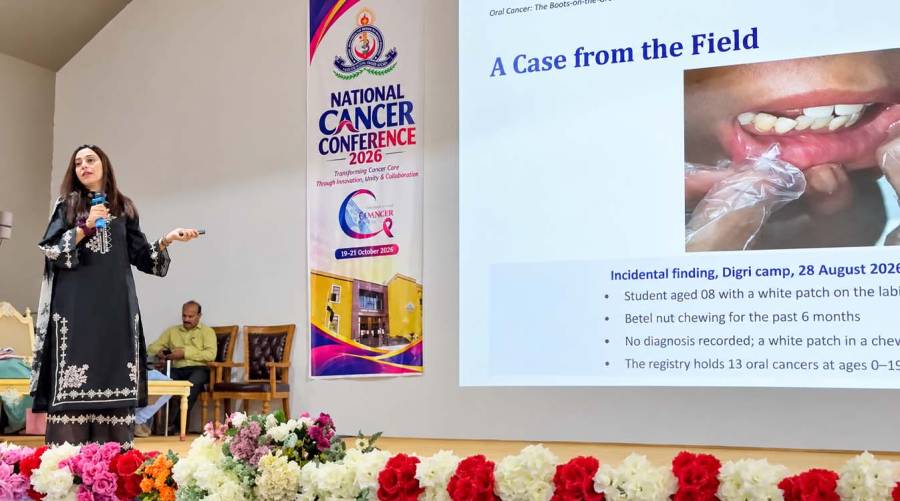 Prof. Dr. Sana Mirza of LUMHS leads a National Cancer Conference 2026 session on oral cancer prevention, chewing habits and community screening.