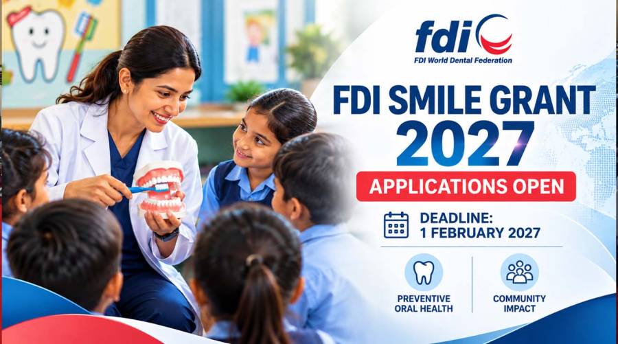 FDI Smile Grant 2027 applications announcement featuring a dental professional teaching children oral hygiene, with the FDI logo and February 1 deadline.