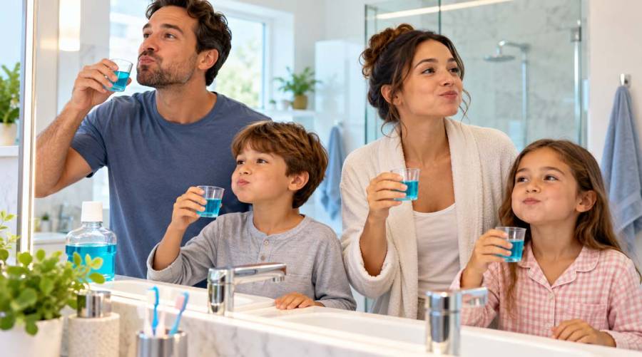 Family using mouthwash in a bathroom, illustrating children\'s oral-care safety concerns after four mouthwash products were flagged by a Sindh drug laboratory.